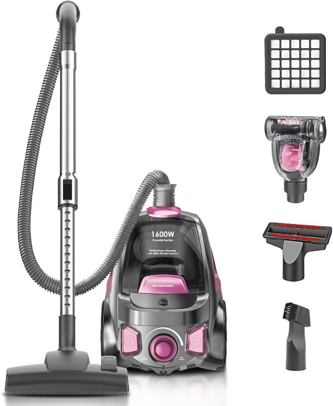 Photo 1 of Canister Vacuum Cleaner, 32Kpa 1600W Cyclon Power, Dust Full Indicator, Double HEPA Filters, 3.7Qt Large Capacity, Lightweight Vac for Hard Floors, Carpets, Pet Hair, Pink
