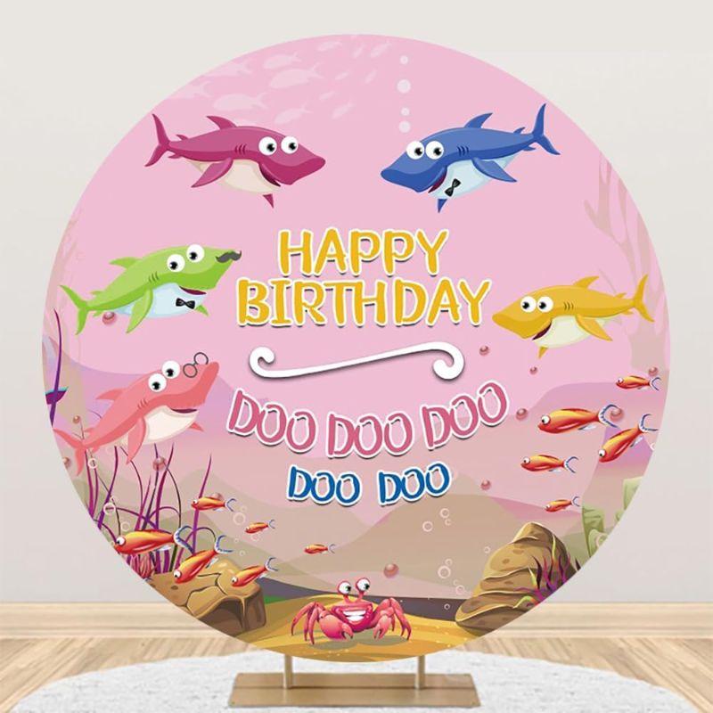 Photo 1 of Renaiss 7.2x7.2ft Shark Family Round Backdrop Covers for Photoshoot Kids Portrait Colorful Sharks Fishes Doo Doo Doo Pink Circle Photography Background Happy Birthday Party Decors Photo Booth Props
