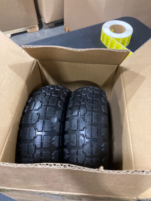 Photo 1 of GICOOL 4.10/3.50-4" Flat Free Tire and Wheel, 10" Heavy Duty Solid Tire, 5/8" Axle Bore Hole, 2.2" Offset Hub, for Hand Truck Garden Cart Wagon Trolley Dolly, 2 Pack