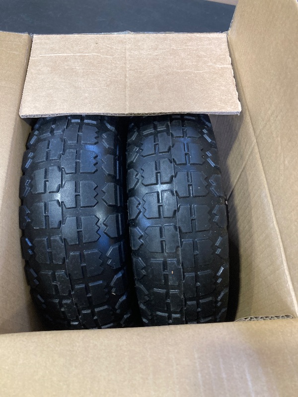 Photo 1 of GICOOL 4.10/3.50-4" Flat Free Tire and Wheel, 10" Heavy Duty Solid Tire, 5/8" Axle Bore Hole, 2.2" Offset Hub, for Hand Truck Garden Cart Wagon Trolley Dolly, 2 Pack