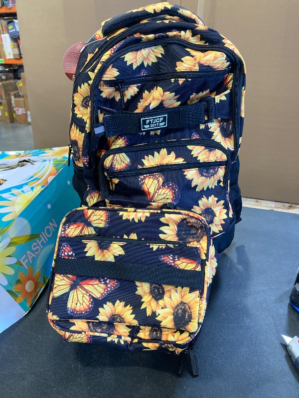Photo 1 of ZLYERT 3Pcs Rolling Backpack for Girls Women, Travel Roller Backpacks with Wheels for Adults, Teens College Sunflower Wheeled Bookbag with Lunch Box(Yellow)