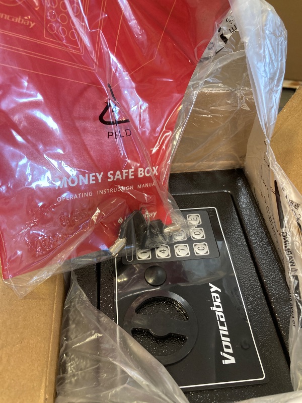Photo 1 of Voncabay Money Safe Box for Home with Sensor Light & Fireproof Money Bag - 0.23 Cubic Feet Security Safe Box with Digital Keypad, Keys & Pass Code Lock, 9.05" W x 6.69" D x 6.69" H, Black