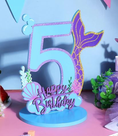 Photo 1 of Mermaid Birthday Number Sign Centerpiece for Girls Wooden Mermaid Party Number Table Sign Decoration Supplies for Birthday Anniversary(Number 5)
