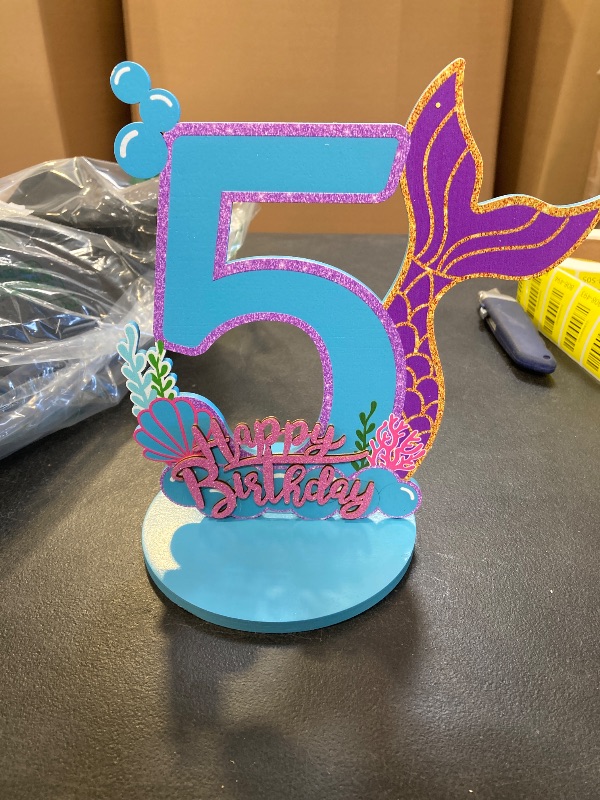 Photo 1 of Mermaid Birthday Number Sign Centerpiece for Girls Wooden Mermaid Party Number Table Sign Decoration Supplies for Birthday Anniversary(Number 5)
