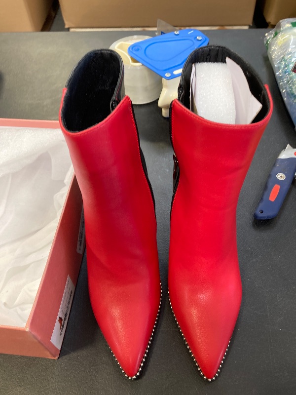 Photo 1 of Eldof Women Boots Ankle Closed Pointed Toe Chunky Heel Boots Beaded Block High Heeled Booties for Women Side Zipper Faux Leather Red Black 3.5 Inches US Size 7