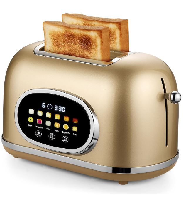 Photo 1 of Roter Mond 2 Slice Toaster Smart Touch Screen, Retro Stainless Steel Bread Toaster with Digital Timer, Sleep Mode, Bagel, Cancel, and Defrost Functions, 6 Bread Types and Shade Settings, Gold
