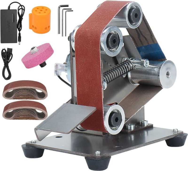Photo 1 of Mini Electric Belt-Sander Knife-Sharpener Sanding Machine - Small Bench Grinder Kit 7 Speed Adjustable Power Polisher DIY Polishing Grinding Tool For Knife Making, Wood Metal Working, Handcraft
