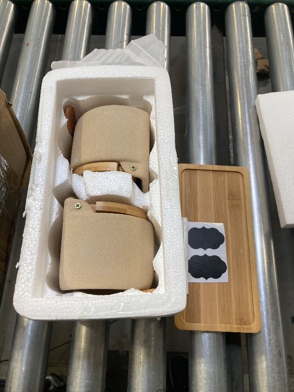 Photo 1 of 2Pcs Ceramic Seasoning Jar Round Condiment Jars Handmade Spice Jars Salt Storage Box Pot with Bamboo Flip Lid and Spoon for Kitchen Home Counter