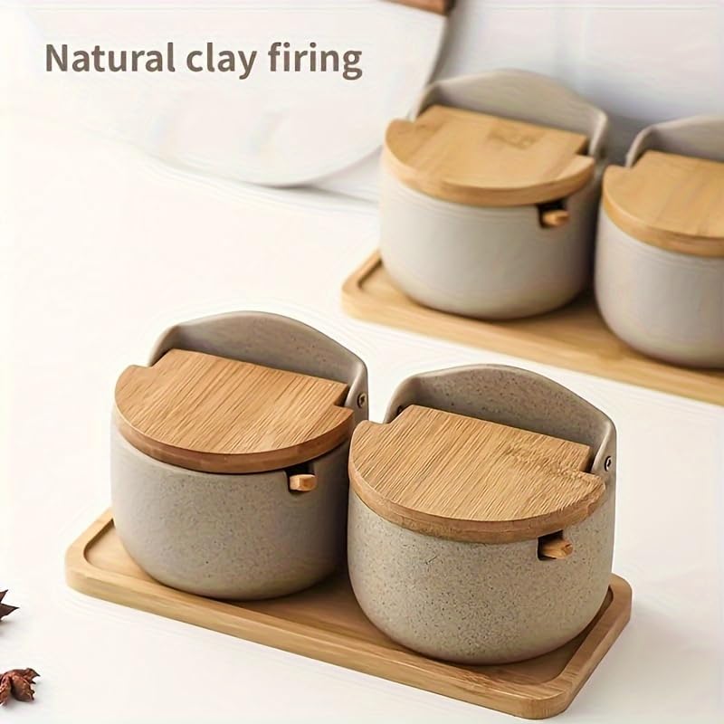 Photo 1 of 2Pcs Ceramic Seasoning Jar Round Condiment Jars Handmade Spice Jars Salt Storage Box Pot with Bamboo Flip Lid and Spoon for Kitchen Home Counter
