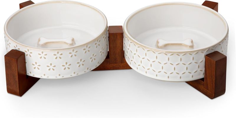 Photo 1 of MALACASA Dog Bowl Set with Walnut Wood Stand, 1.5 Cups Ceramic Pet Bowls for Puppy Dogs, Dual Food and Water Bowls with Non-Slip Base, Basic Bowls for Your Dog or Cat, Five-Leaf Grass & Honeycomb
