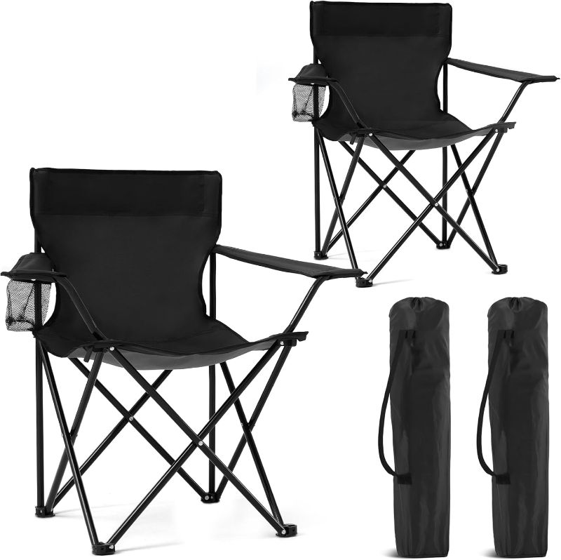 Photo 1 of 2 Pack Portable Camping Chairs Folding Lawn Chair Outdoor Lightweight Beach Chair with Cup Holder & Carry Bag for Outside Sports, Fishing, Hiking, Travel, Picnic, Backyard (Black-Dark)