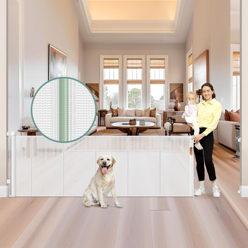 Photo 1 of Reinforced 159 Inch Extra Wide Child Gates for wide Openings, Indoor/Outdoor Retractable Fence/Barrier/Blocker/Screen for Baby and Pet, Bottom Anti-crawl Extra Long Baby Gate for Large Openings, White
