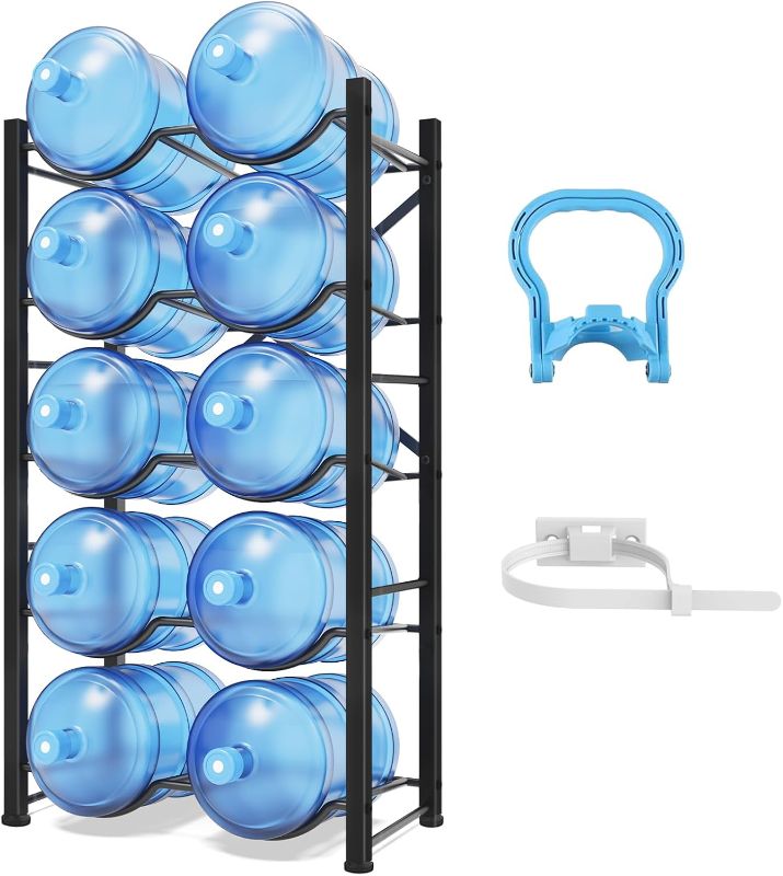 Photo 1 of 5 Gallon Water Jug Holder - 3-Tier Water Jug Rack with Wheel Reinforced X-Shape Design, 5 Gallon Water Jug Stand with Storage Shelves for Kitchen, Living Room, Office