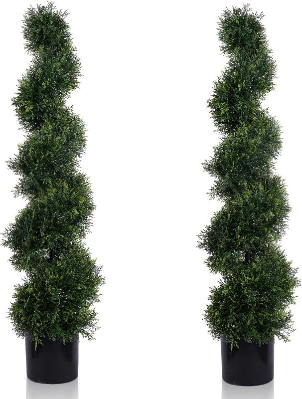 Photo 1 of 4FT Spiral Artificial Topiary Trees, Artificial Outdoor Plants - Faux Cedar Trees for Front Porch Indoor Outdoor Decor Artificial Plants UV Resistant Set of 2