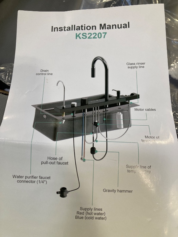 Photo 1 of 33x22 Inch Nano Black Kitchen Single Bowl Sink With Flying Rain Waterfall, Integrated Workstation, Pull-Out Tap, Drain Basket, Two Waterfalls (33 * 22 * 10 Inch)