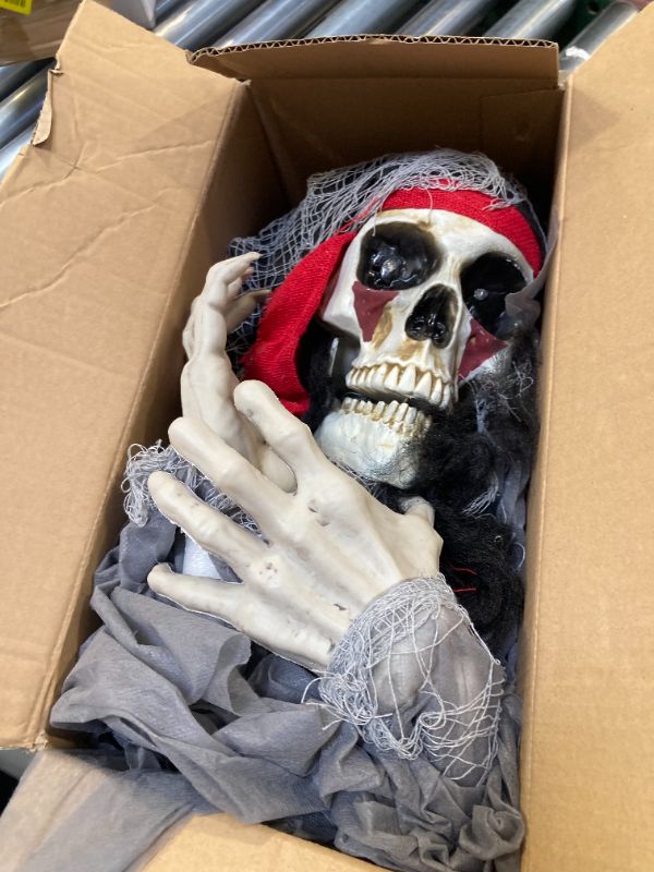Photo 1 of [ Sound Activated & Large ] 70 Inch Halloween Animatronic Hanging Talking Pirate Ghost Decoration Light up Eyes Shake Life Size Skull Skeleton Halloween Decor Outdoor Haunted House Prop Yard Party