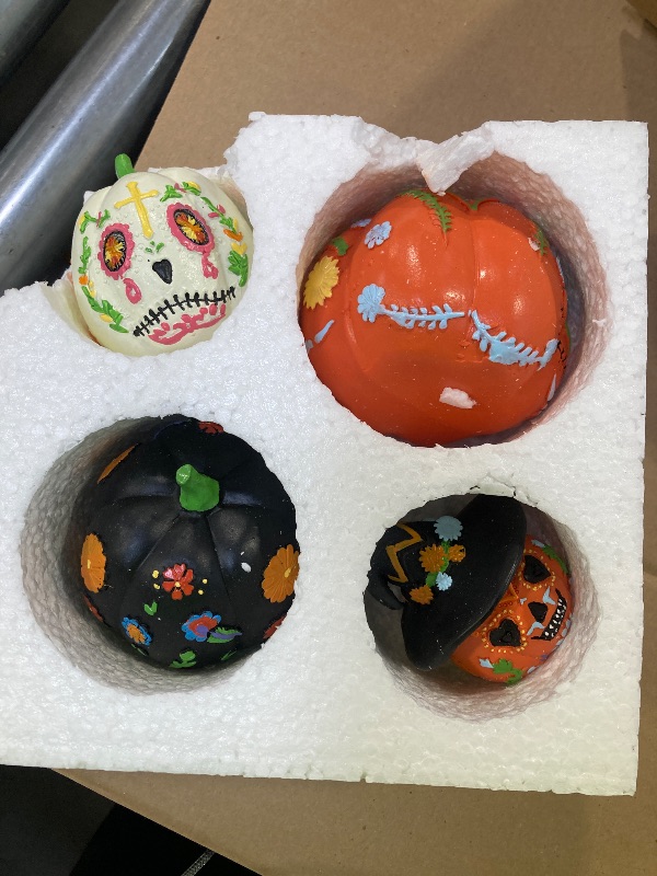 Photo 1 of 4pcs Day of The Dead Pumpkin Figurines, Halloween Pumpkin Table Decorations, Statue Resin, Halloween Holiday Party Supplies, Household Kitchen Table Decorations, Free Combination Between Each Statue