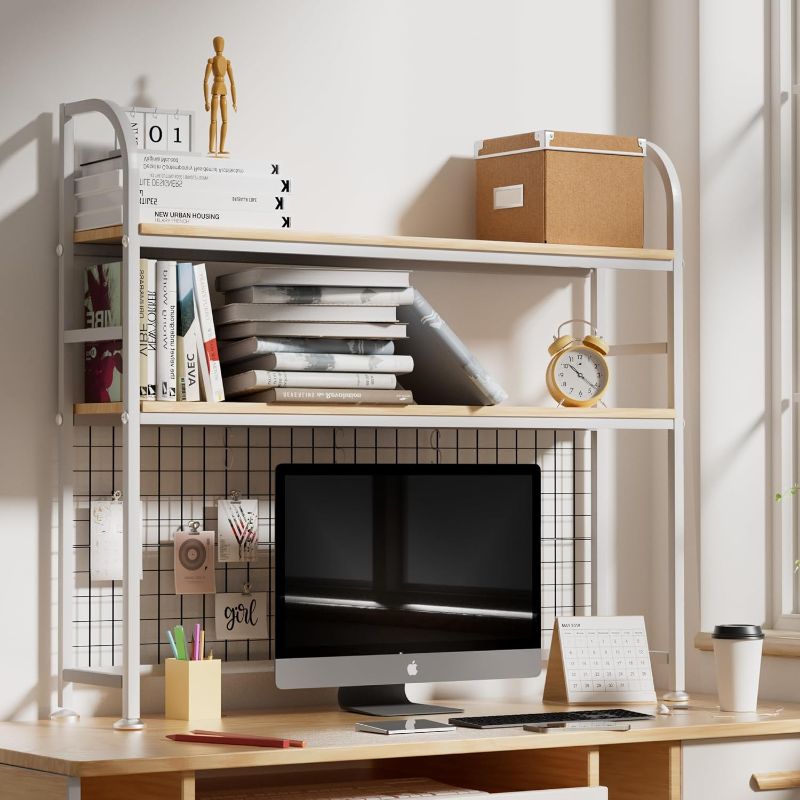 Photo 1 of 2-Tier Desktop Hutch Bookshelf - Metal Desk Shelf Bookcase with Grid Panel, Countertop Storage Organizer Rack for Dorm or Office, White, 45.3" W
