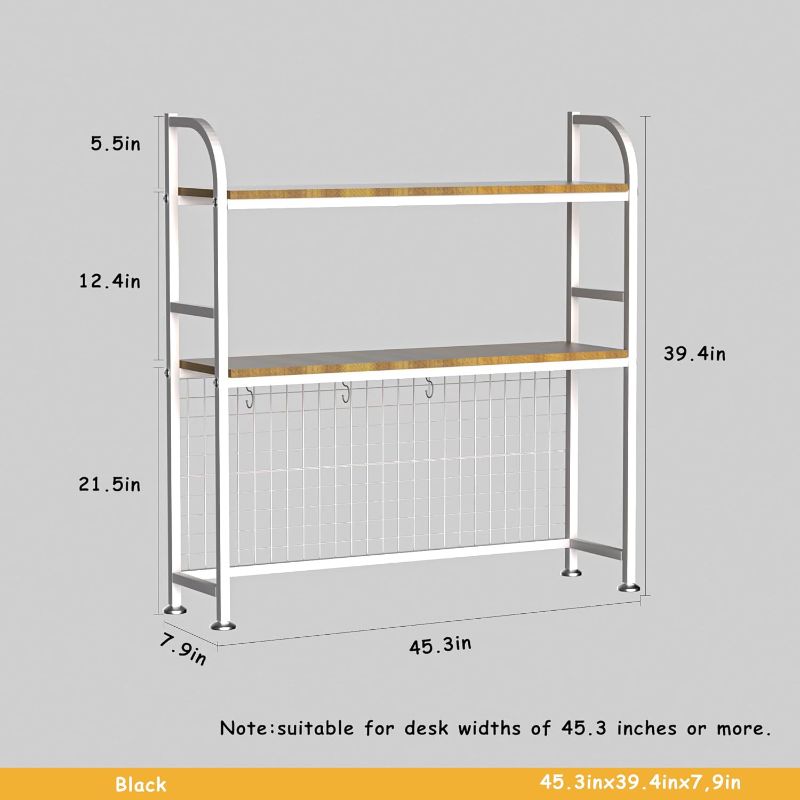 Photo 1 of 2-Tier Desktop Hutch Bookshelf - Metal Desk Shelf Bookcase with Grid Panel, Countertop Storage Organizer Rack for Dorm or Office, White, 45.3" W
