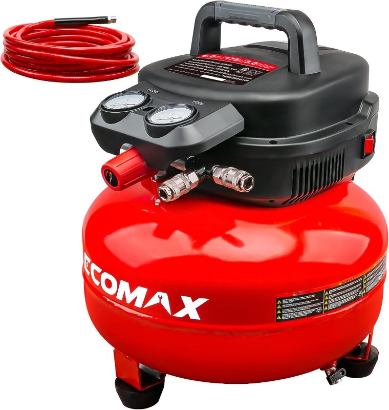 Photo 1 of Air Compressor, 6-Gallon Pancake Air Compressor with 25 FT Air Hose, MAX 175PSI Pressure/1.5HP, Compressor for Air Tools, Car Tires, Garage, and Shop
