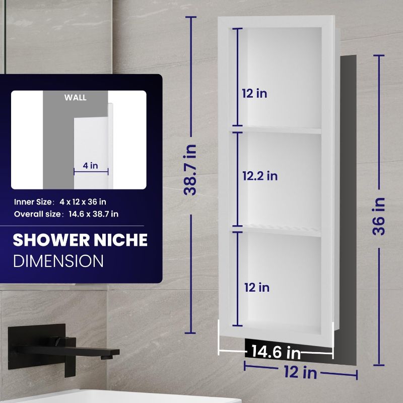 Photo 1 of Stainless Steel Shower Niche 12" X 36"?3-Tier Shelf Niches Bathroom Shelf Recessed Wall Niche No Tile Needed Shower Shelf for Bathroom Storage(White, 12 x 36)
