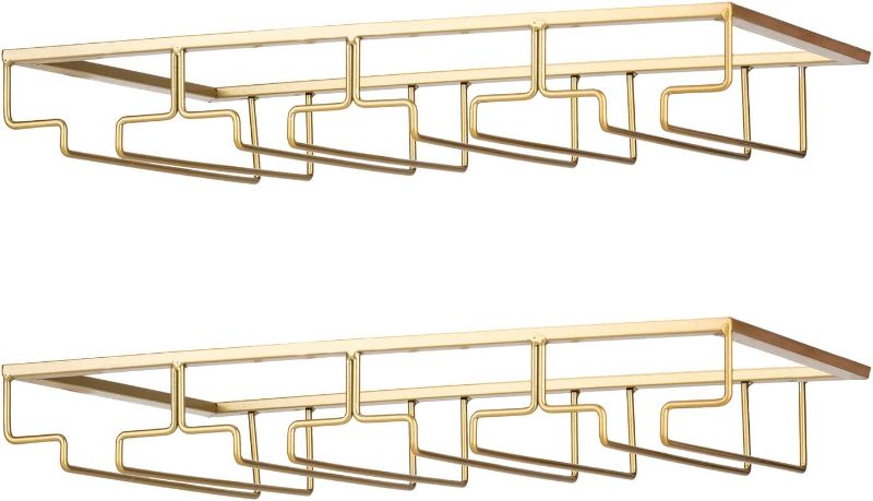 Photo 1 of Wine Glass Rack - Under Cabinet Stemware Wine Glass Holder Glasses Storage Hanger 2 Pack Metal Organizer for Bar Kitchen Gold

