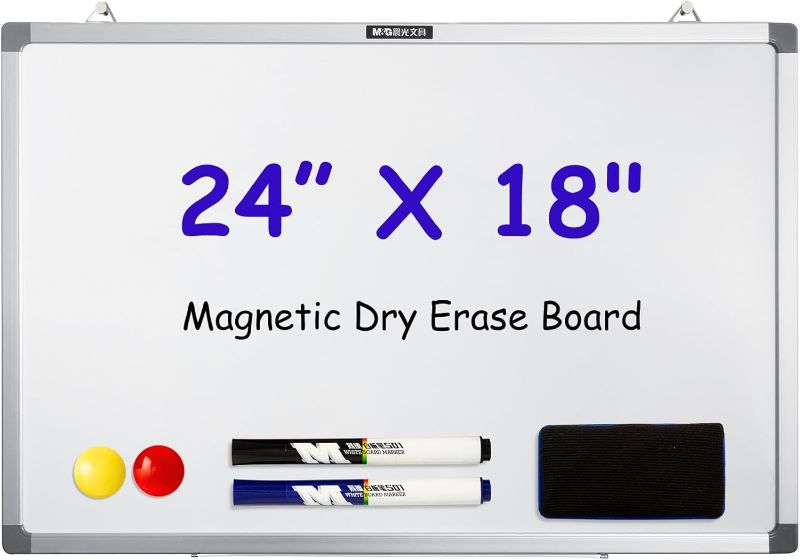 Photo 1 of M&G Dry Erase Board Magnetic White Board for Wall, 24” x 18” Whiteboard with 2 Markers & 2 Magnets & 1 Eraser, Hanging Whiteboard with Silver Frame for Planning, Drawing, to Do List, Office School Use
