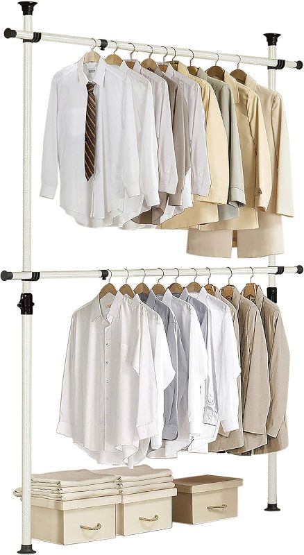 Photo 1 of PRINCE HANGER Rack Heavy Duty One Touch System Load 352LBS Clothing Racks for Hanging Clothes Metal Closet Garment Closet system Tension Rod Free Standing Ivory Width Adjustable PHUS-0023
