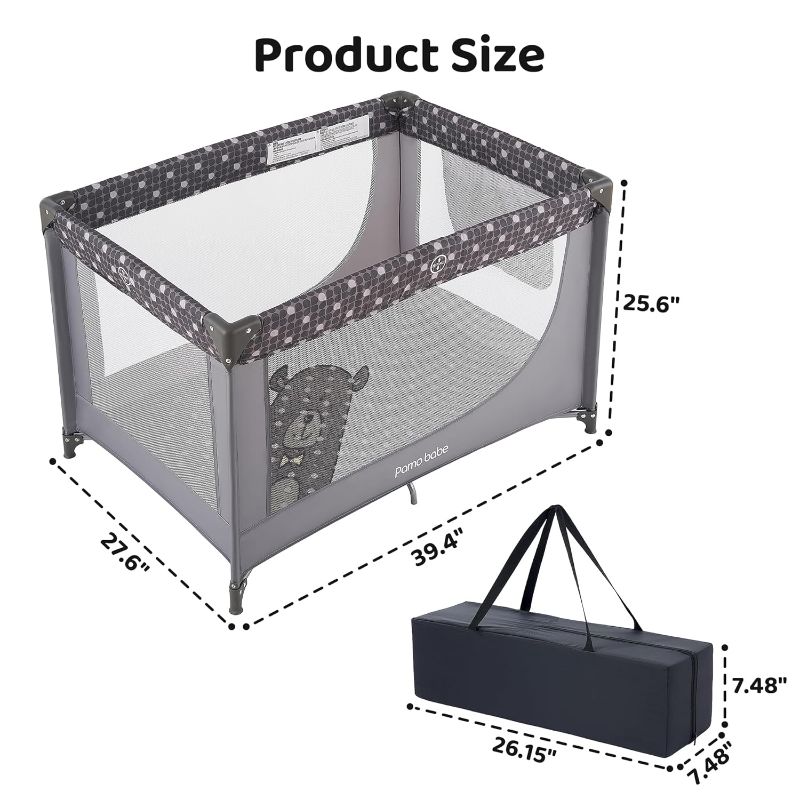 Photo 1 of Pamo Babe Portable Crib Baby Playpen with Mattress and Carry Bag Grey

