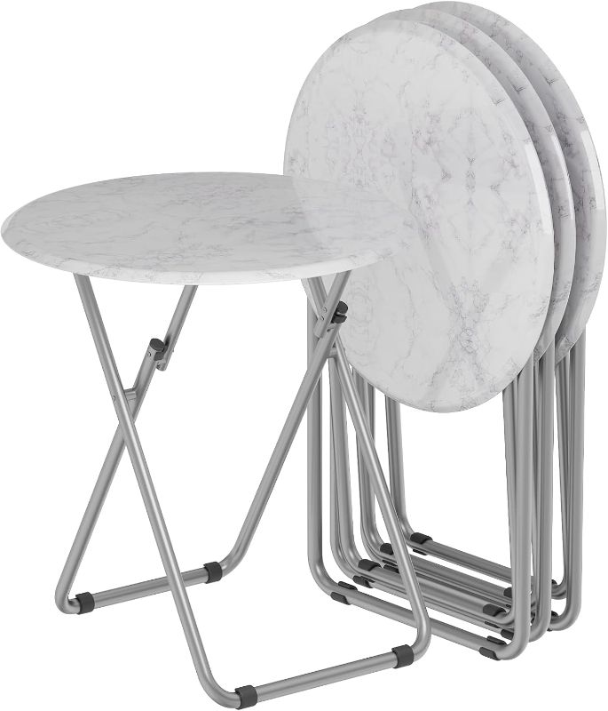 Photo 1 of TV Trays Table Set of 4 Round Portable Folding TV Tray Table TV Dinner Tray with Sturdy MDF, No Assembly Required, 17.5 x 17.5 x 26 in (White Marble, 4Pcs)	