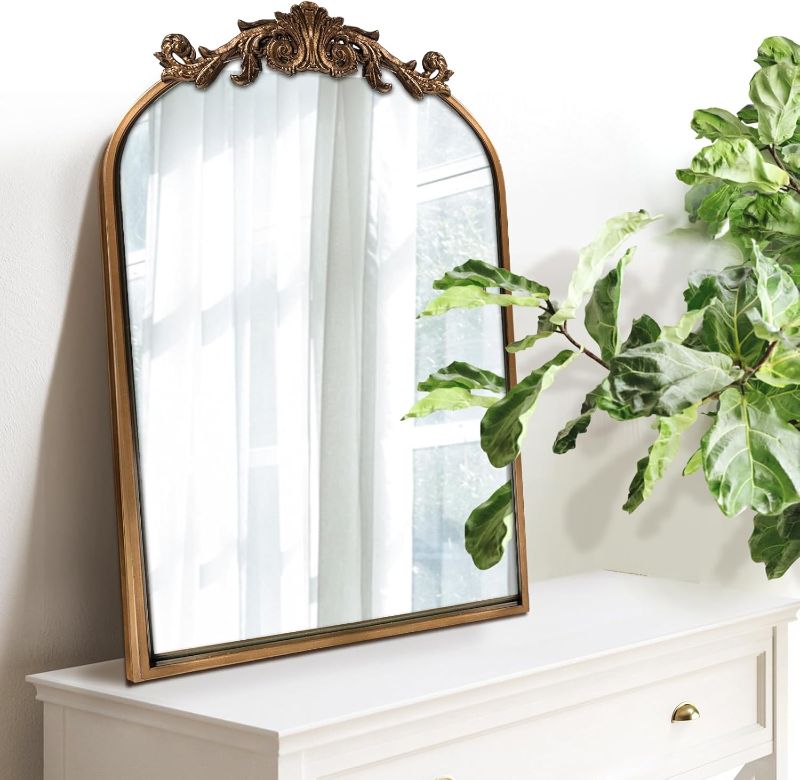 Photo 1 of WAMIRRO Antique Mirror,Gold Traditional Vintage Ornate Baroque Arched Brass Wall Mounted Mirrors for Entryway/Fireplace/Living Room/Hallway/Bathroom 19"X27"
