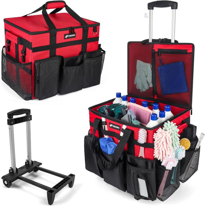 Photo 1 of Rolling Cleaning Caddy Bag with Wheels, Large Cleaning Cart Detachable Trolley, Cleaning Bags for Housekeepers With Shoulder Strap & Multi Pockets for Cleaning Tools Storage (Red)
