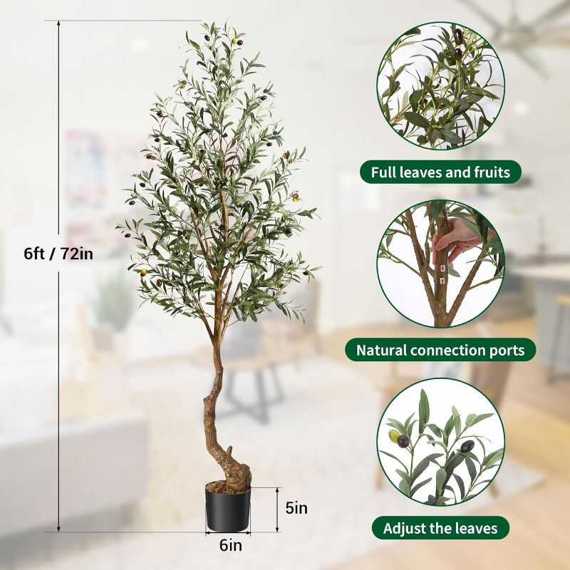 Photo 1 of Artificial Olive Trees, 6 Ft Indoor Outdoor Fake Potted Silk Plant Faux Olive Tree with Trunk and Fruits, Artificial Tree Large Olive Plants for Living Room Home House Office Decor
