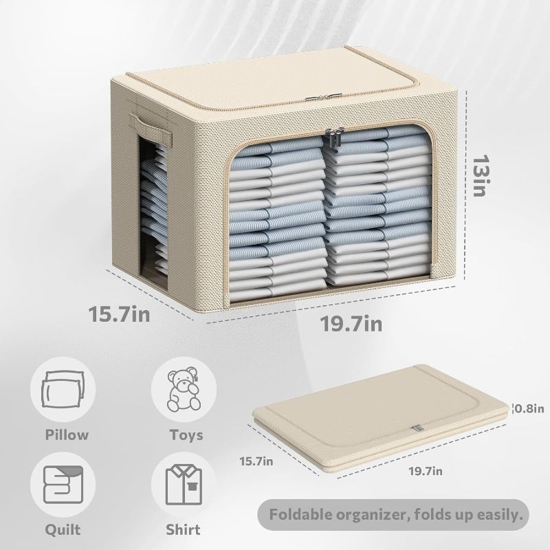 Photo 1 of 3Pack Frame Storage Box - Clothes Storage Bin Bags Oxford Fabric Foldable Stackable Container Organizer Set with Clear Window & Carry Handles Large Capacity (Beige, Large-66L)
