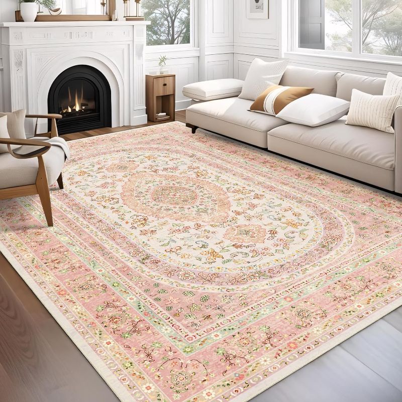 Photo 1 of 8x10 Area Rugs Washable,Pink Rug for Living Room Bedroom Dining Room,Large Boho Vintage Bohemian Distressed Farmhouse Carpet Non Slip,Blush Floral
