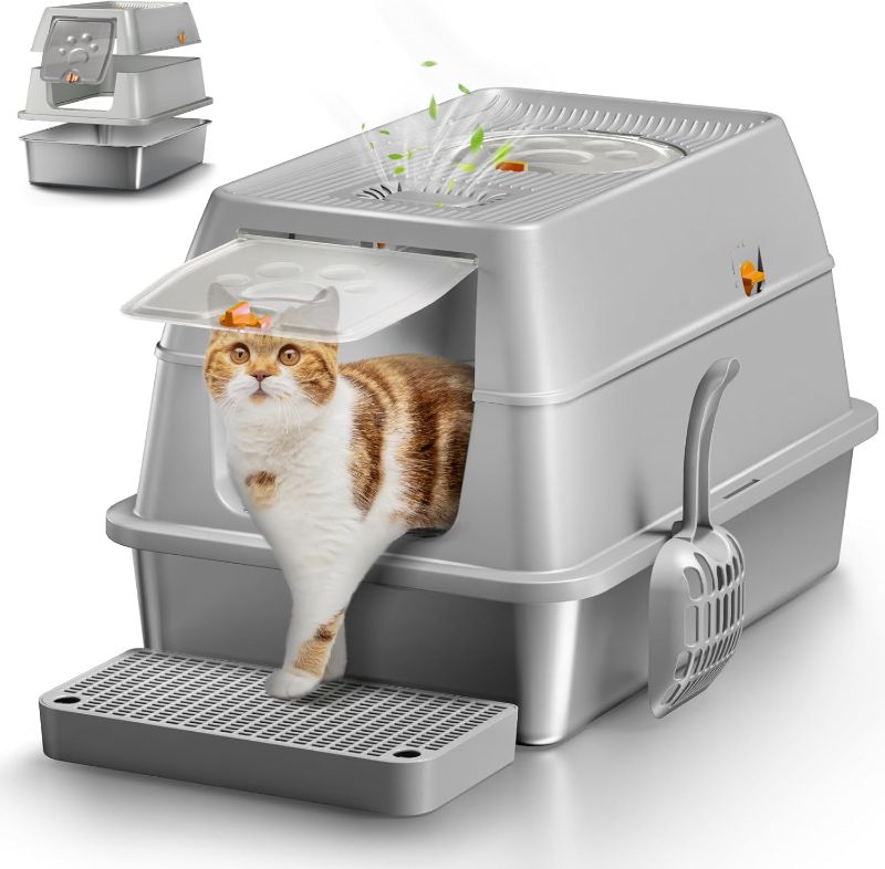 Photo 1 of Stainless Steel Cat Litter Box with Lid, XL Large Enclosed High Sided Litter Box with Removable Lid, Carbon Filters -Odor Free, Easy Cleaning, Anti-Urine Leakage for Big Cats/Multiples-Grey
