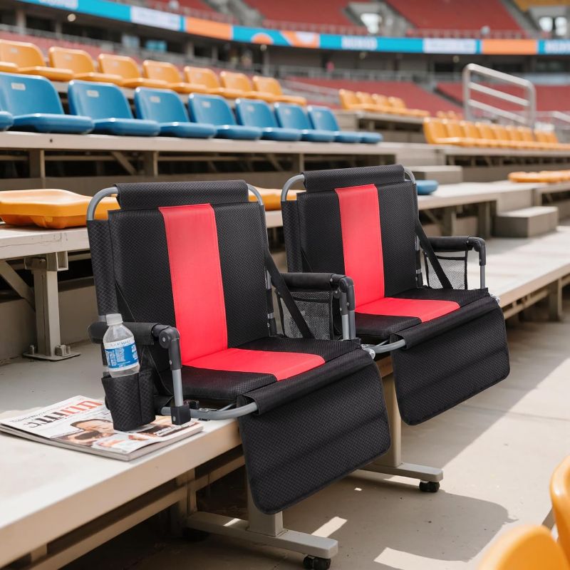Photo 1 of LET'S CAMP Folding Stadium Seat Bleacher Chair with Cup Holder, Mesh Bag and Hide Hooks, Portable Stadium Chair with Back and Cushion
