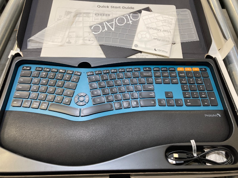 Photo 1 of ProtoArc Backlit Bluetooth Ergonomic Keyboard, EK01 Plus Full Size Wireless Split Keyboard with Dual Bluetooth and USB, Cushioned Wrist Rest, Rechargeable, Compatible with Windows/Mac/Android, Blue
