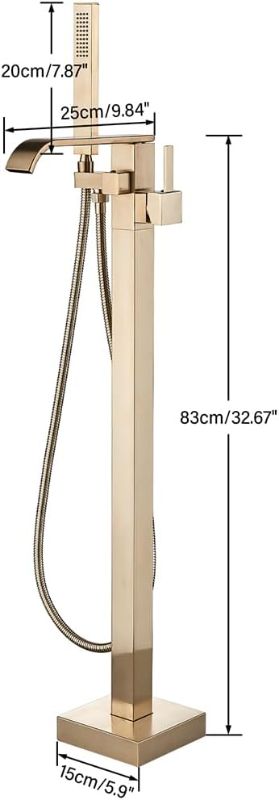 Photo 1 of Freestanding Bathtub Faucet Brushed Gold Floor Mount Waterfall Tub Filler High Flow with Hand Shower Solid Brass 360 Degree Swivel Standing Mixer Taps for Bathroom
