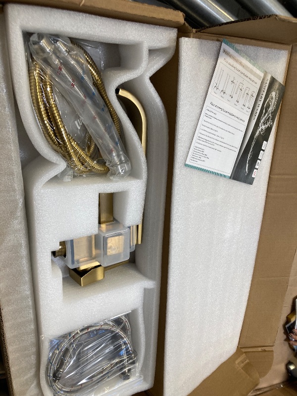 Photo 1 of Freestanding Bathtub Faucet Brushed Gold Floor Mount Waterfall Tub Filler High Flow with Hand Shower Solid Brass 360 Degree Swivel Standing Mixer Taps for Bathroom
