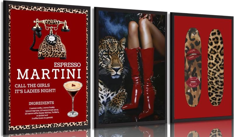Photo 1 of 3Pcs Trendy Red Leopard Wall Art Vintage Trendy Boots Wall Decor Painting Coquette Sexy red lips Poster Prints Aesthetic Cheetah Pictures for Girls Bedroom Apartment Dorm Home Decorations 12x16in