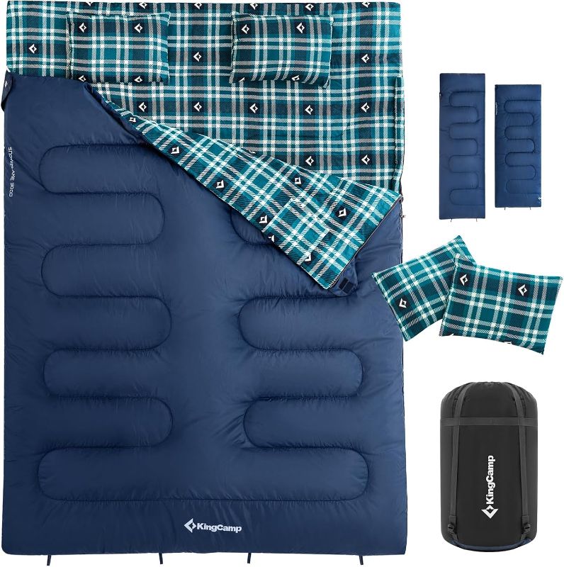 Photo 1 of KingCamp Double Sleeping Bag for Adults, Queen Size 2 Person XXL Flannel Sleeping Bag, Waterproof Lightweight Flannel Quilt with 2 Pillows, Perfect for Couples Family Camping Hiking
