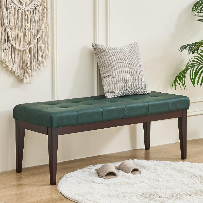 Photo 1 of Bedroom Bench, 47.2" Button-Tufted Leather Ottoman Bench, Entryway Bench Seat, Upholstered End of Bed Bench with Rubber Wood Legs for Living Room, Foyer, Dining Room, 47.2" L x 17" W x 17" H, Green

