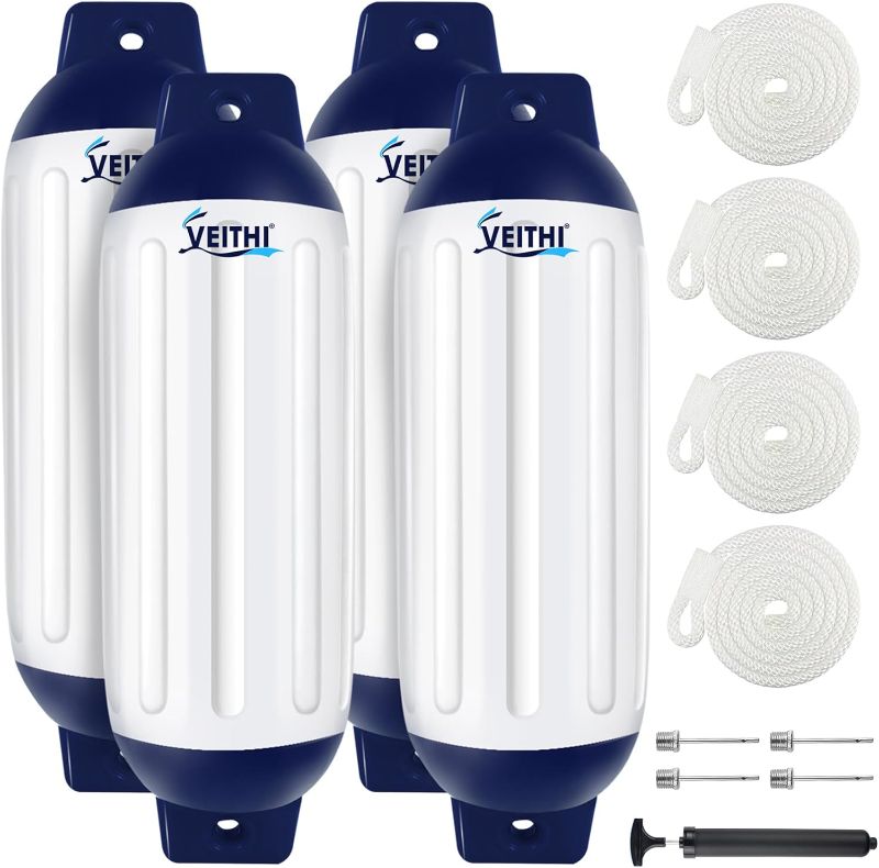 Photo 1 of 4.5/5.5/6.5/8.5/10/16 inch Boat Fenders 4 Pack,Ribbed Twin Eyes Vinyl Boat Bumpers Fenders,Boat Bumpers for Docking Come with Ropes Needles and Pump to Inflate
