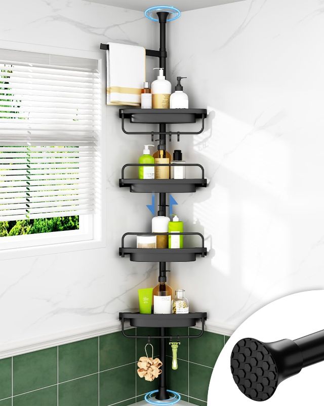 Photo 1 of ALLZONE Corner Shower Caddy Tension Pole, Extendable Rustproof Stainless Steel Pole & 4-Tier Adjustable Shelves for Easy Drainage and Built-to-Last Stability, 34 to 116 Inch, Black
