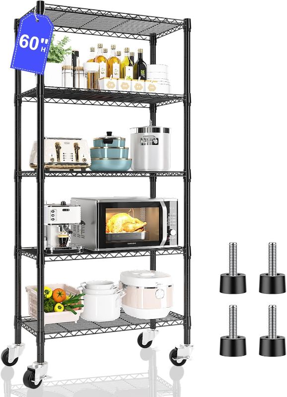 Photo 1 of 5 Tier Shelving Unit Wire Rack, Heavy Duty Adjustable Shelf Rolling Storage Shelves with Wheels, 14" D x 30" W x 60" H 750 lbs Capacity Kitchen Garage Pantry Shelves for Small Spaces
