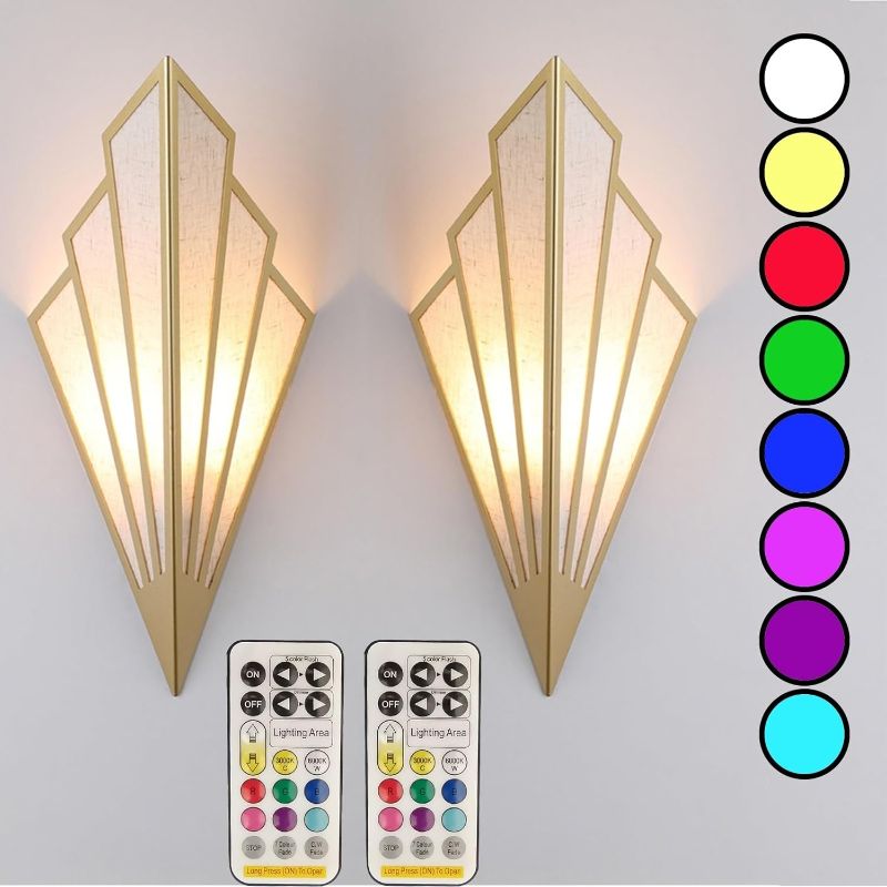Photo 1 of Modern style wall light set of two,Battery operated wall sconces with remote control,Wireless art deco lighting fixture for living room,6 RGB colors dimmable(With bulbs+remote control+charging cable)

