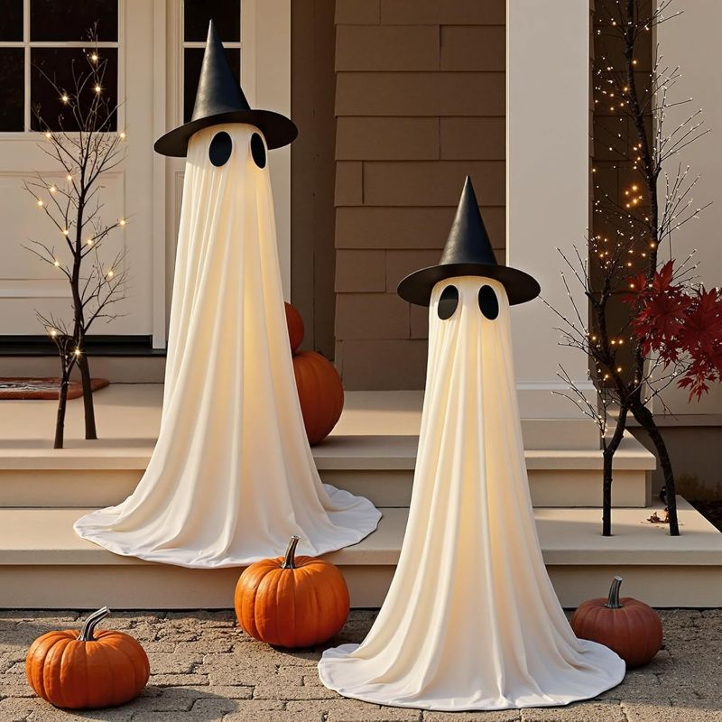 Photo 1 of 2 Packs Halloween Decorations Outdoor, 5Ft Wind-Resistant Ghost Decor with USB String Lights, Scary Door Decoration Outside Euipped Waterbags & Hats, Ideal for Party Porch Yard Garden Lawn
