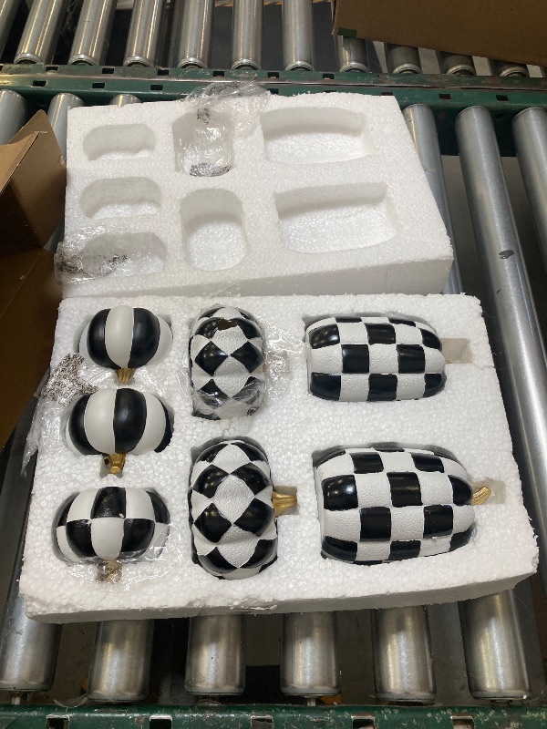 Photo 1 of WDS WONDROUS 7PCS Decorative Pumpkins Halloween & Fall Decor - Modern Resin Pumpkin Decorations for Farmhouse - Faux White and Black Checkered Pumpkins Thanksgiving Table Centerpieces
