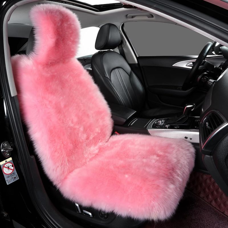 Photo 1 of Sheepskin Car Seat Cover, Fluffy Fuzzy Long Wool Front Seat Covers, Universal Fits Most Car SUV Truck Minivan, Airbag Compatible (Pink)
